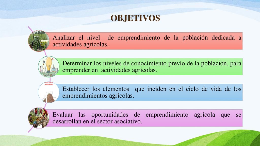 OBJETIVOS Analizar el nivel de emprendimiento de la población dedicada a actividades agrícolas.