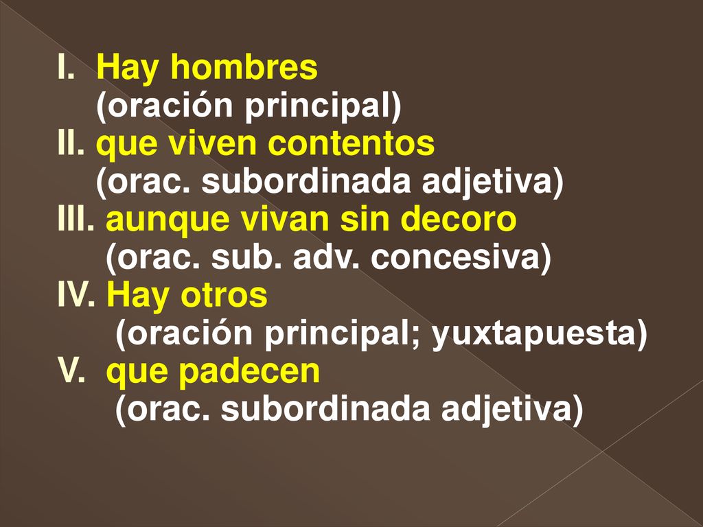 I. Hay hombres (oración principal) II. que viven contentos. (orac. subordinada adjetiva) III. aunque vivan sin decoro.