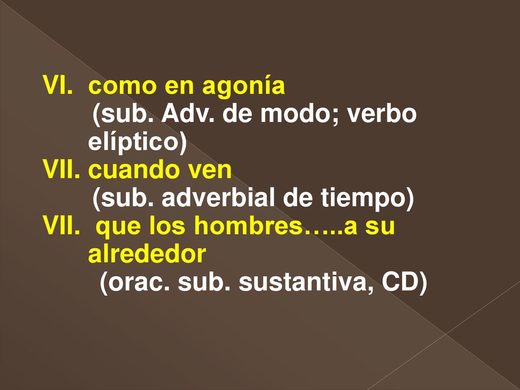 como en agonía (sub. Adv. de modo; verbo elíptico) cuando ven. (sub. adverbial de tiempo) que los hombres…..a su alrededor.