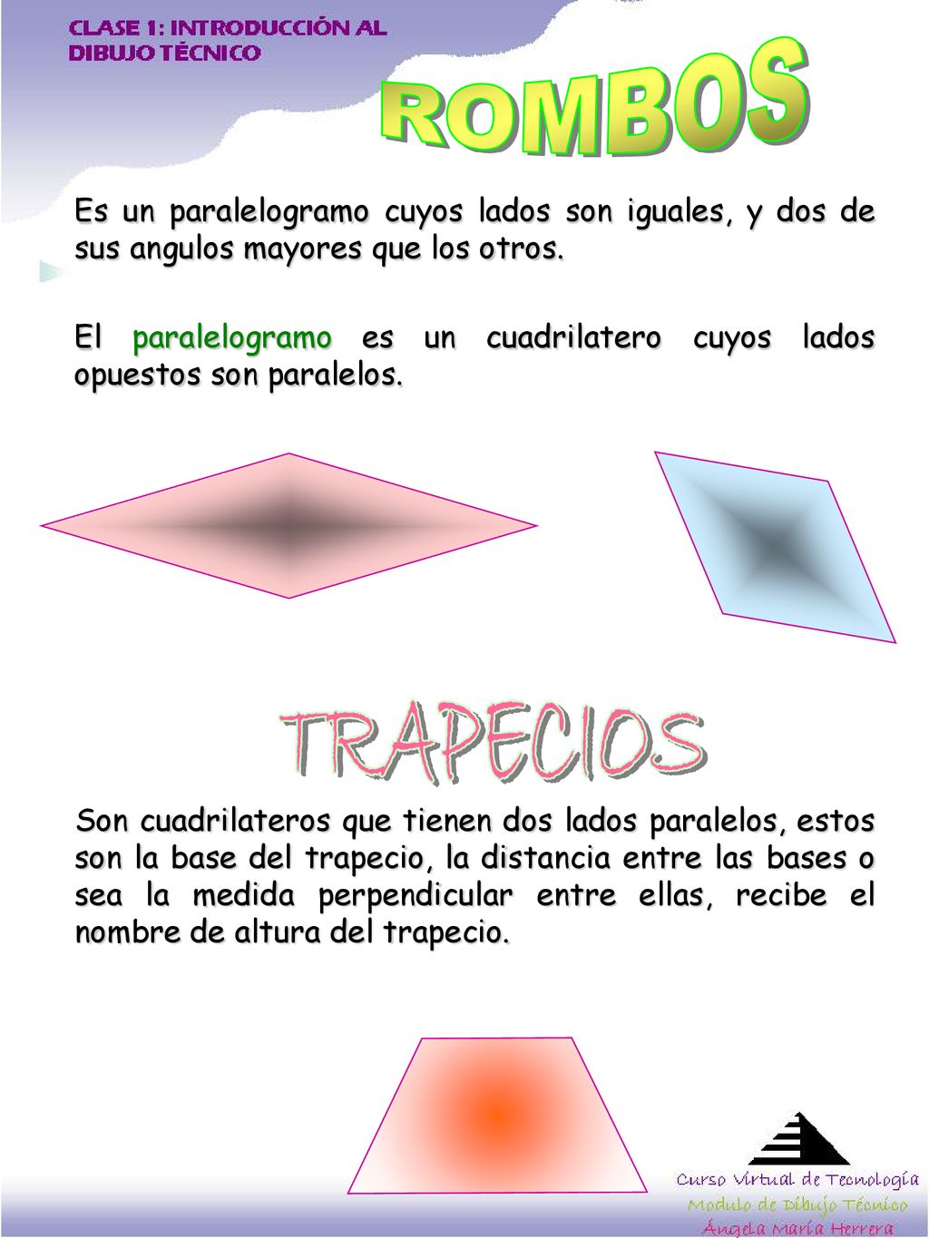 ROMBOS Es un paralelogramo cuyos lados son iguales, y dos de sus angulos mayores que los otros.