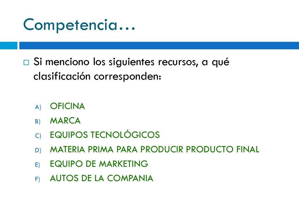 Competencia… Si menciono los siguientes recursos, a qué clasificación corresponden: OFICINA. MARCA.