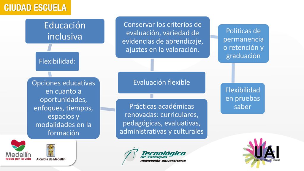 Educación inclusiva Flexibilidad: Opciones educativas en cuanto a oportunidades, enfoques, tiempos, espacios y modalidades en la formación.