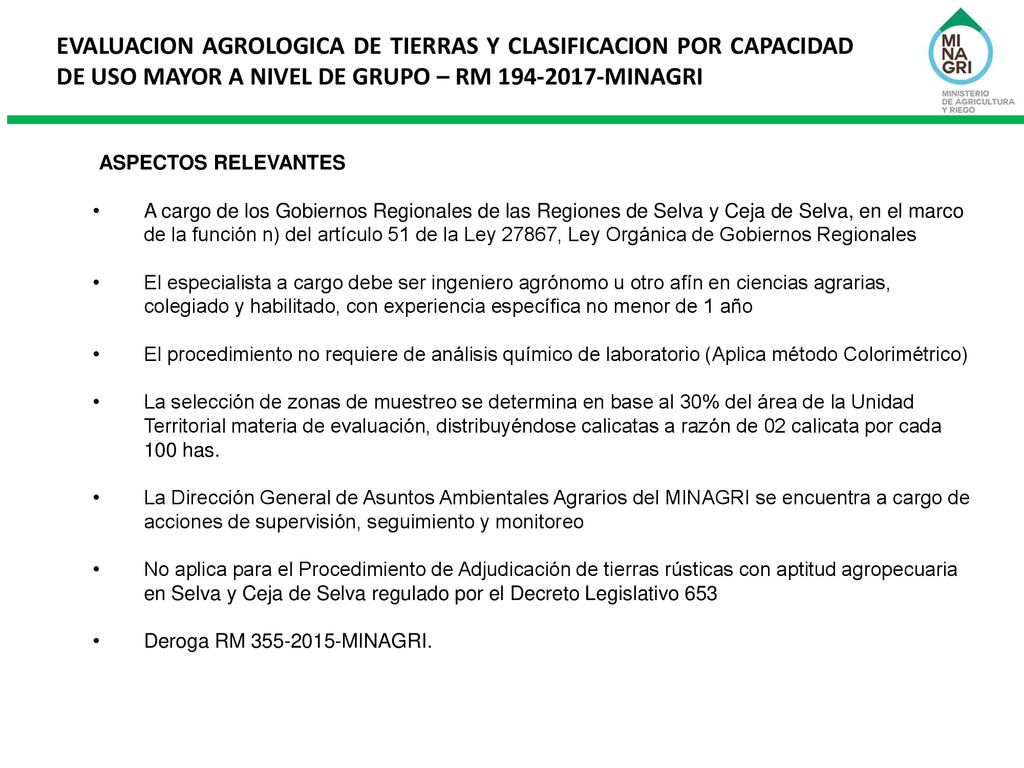 EVALUACION AGROLOGICA DE TIERRAS Y CLASIFICACION POR CAPACIDAD DE USO MAYOR A NIVEL DE GRUPO – RM MINAGRI