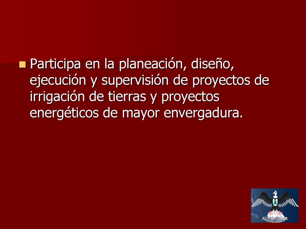 Participa en la planeación, diseño, ejecución y supervisión de proyectos de irrigación de tierras y proyectos energéticos de mayor envergadura.