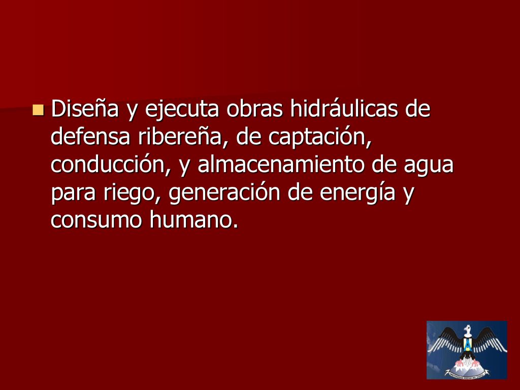 Diseña y ejecuta obras hidráulicas de defensa ribereña, de captación, conducción, y almacenamiento de agua para riego, generación de energía y consumo humano.