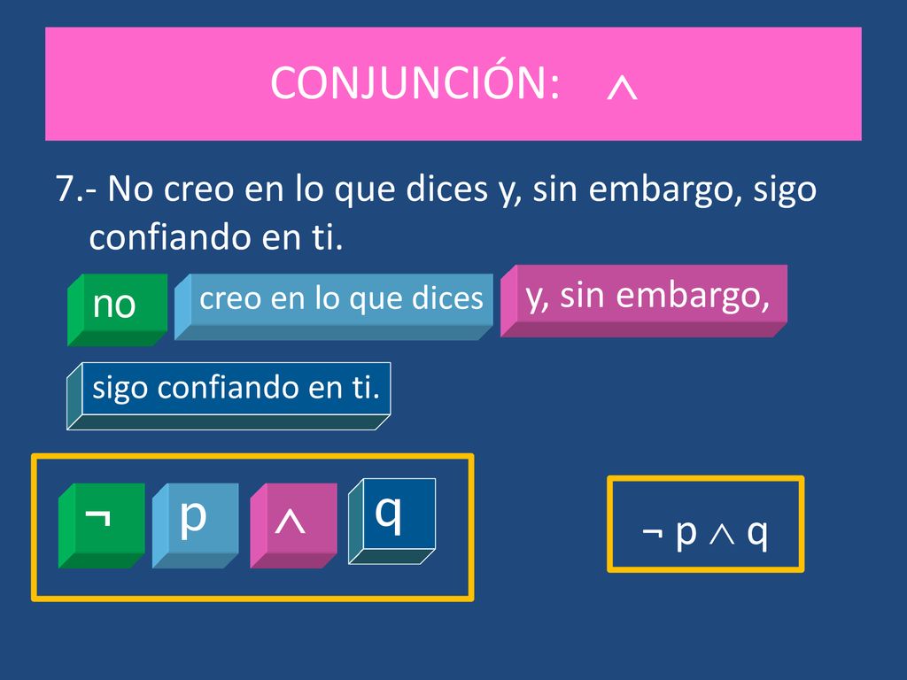 CONJUNCIÓN:  p  q ¬ ¬ p  q