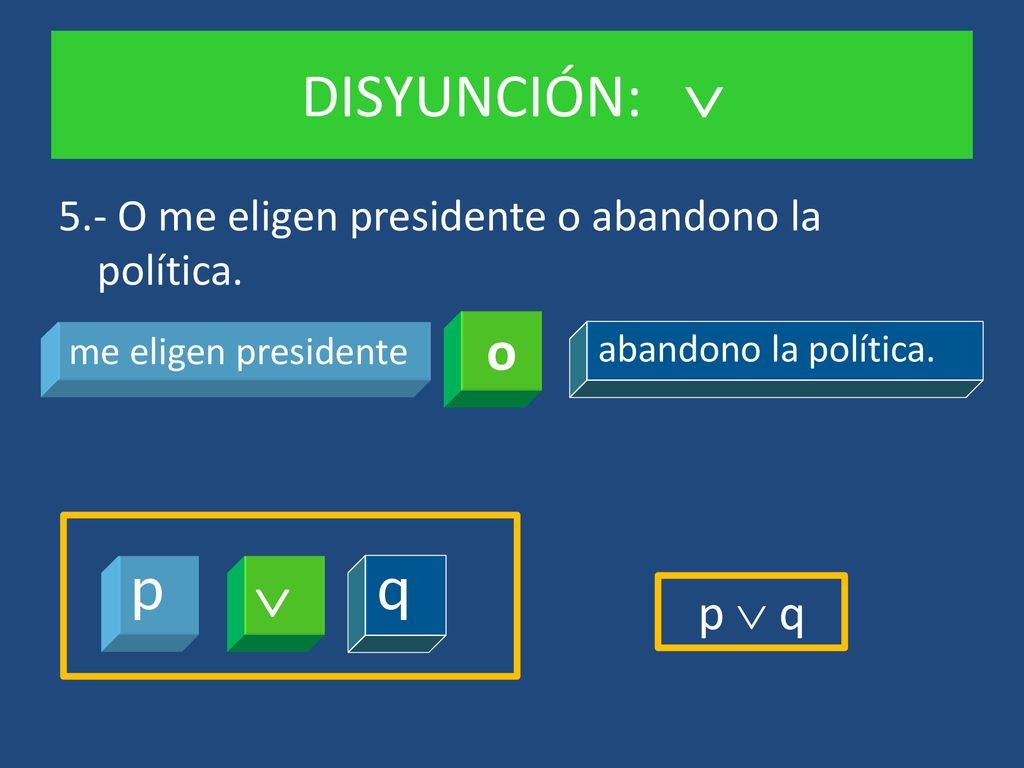 DISYUNCIÓN:  5.- O me eligen presidente o abandono la política. me eligen presidente. abandono la política.