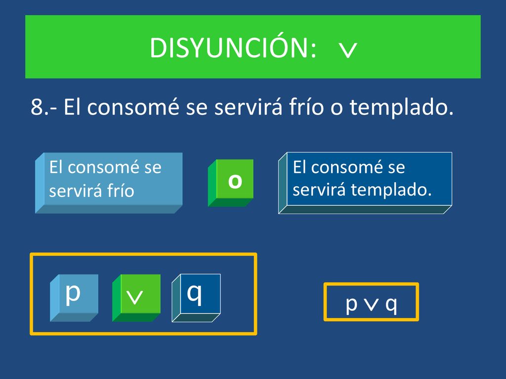 DISYUNCIÓN:  o  p q 8.- El consomé se servirá frío o templado. p  q