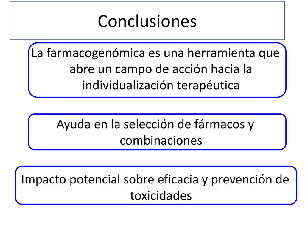 Conclusiones La farmacogenómica es una herramienta que abre un campo de acción hacia la individualización terapéutica.
