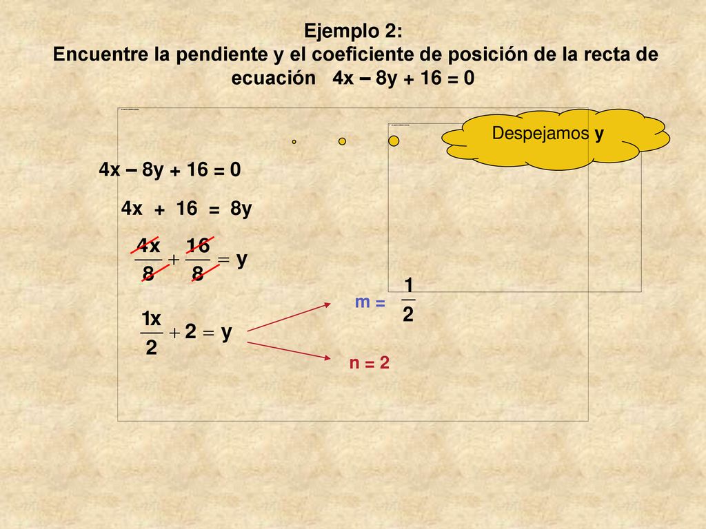 Ejemplo 2: Encuentre la pendiente y el coeficiente de posición de la recta de ecuación 4x – 8y + 16 = 0