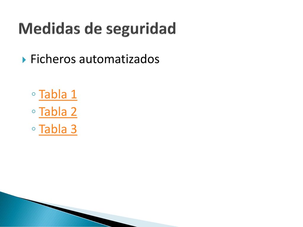 Medidas de seguridad Ficheros automatizados Tabla 1 Tabla 2 Tabla 3