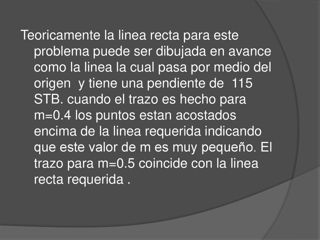 Teoricamente la linea recta para este problema puede ser dibujada en avance como la linea la cual pasa por medio del origen y tiene una pendiente de 115 STB.