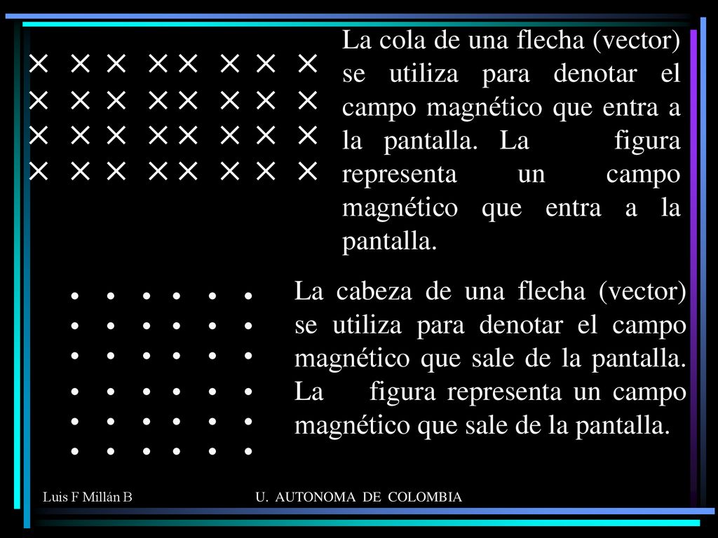 La cola de una flecha (vector) se utiliza para denotar el campo magnético que entra a la pantalla. La figura representa un campo magnético que entra a la pantalla.