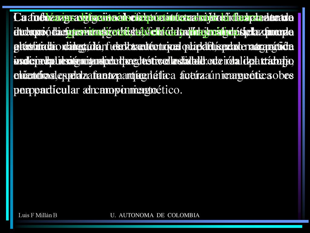 La fuerza gravitacional efectúa un trabajo al desplazar un cuerpo, la fuerza eléctrica efectúa trabajo al desplazar una partícula cargada, en tanto que la fuerza magnética asociada a un campo magnético estable no realiza trabajo cuando desplaza una partícula.