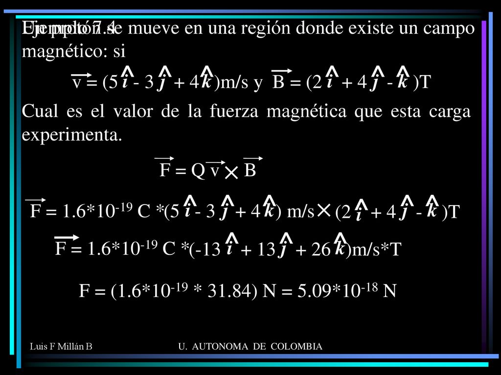 Ejemplo 7.4 Un protón se mueve en una región donde existe un campo magnético: si. v = ( )m/s y.