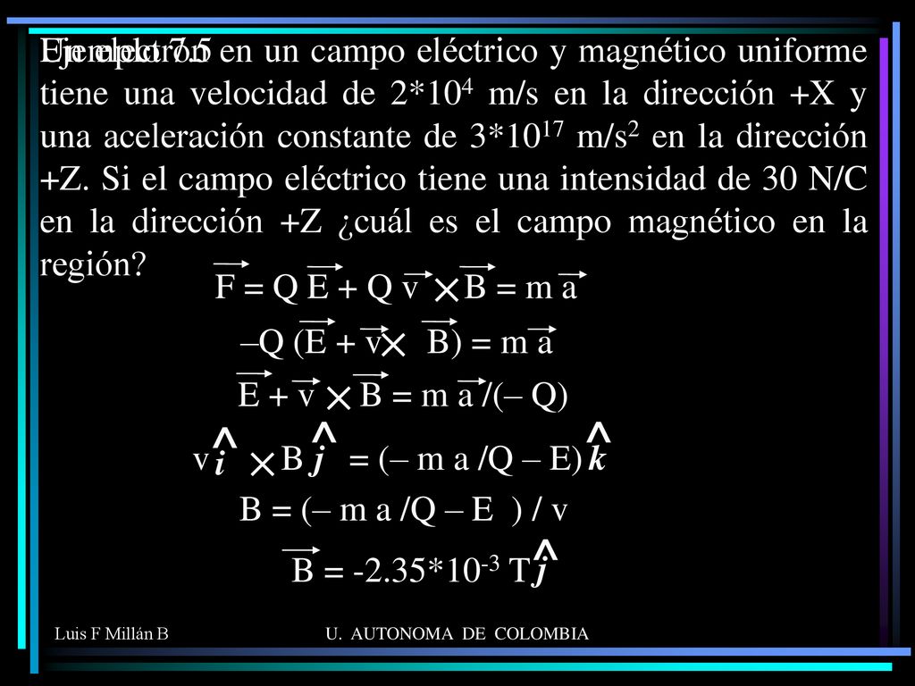 Un electrón en un campo eléctrico y magnético uniforme tiene una velocidad de 2*104 m/s en la dirección +X y una aceleración constante de 3*1017 m/s2 en la dirección +Z. Si el campo eléctrico tiene una intensidad de 30 N/C en la dirección +Z ¿cuál es el campo magnético en la región