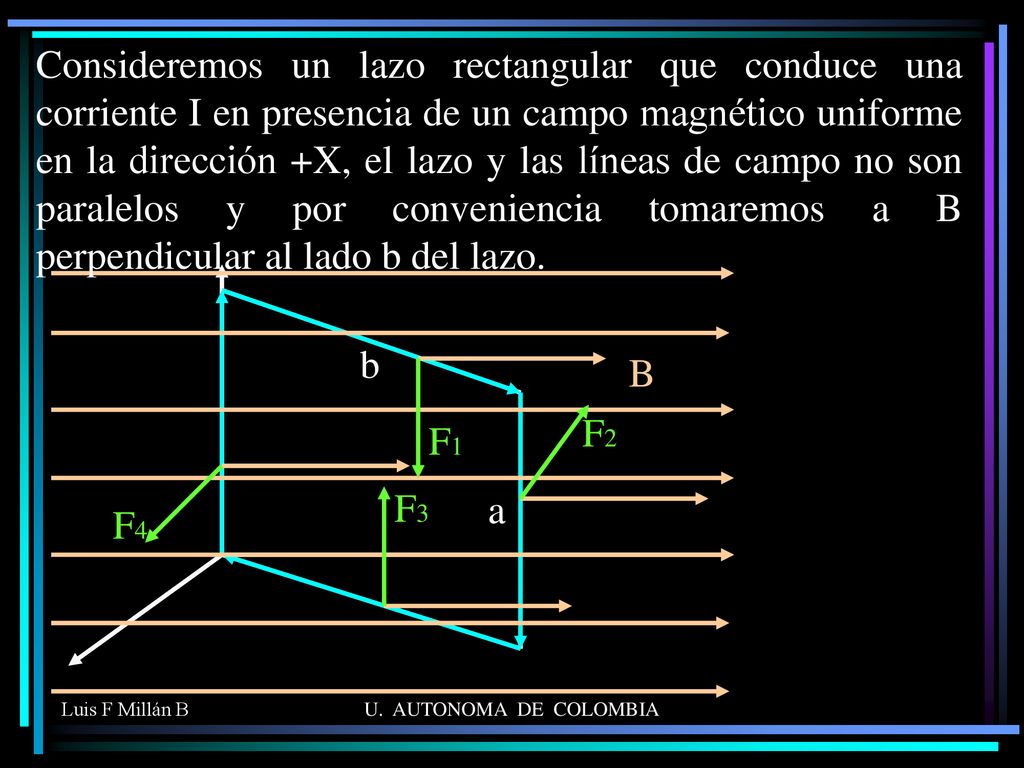 Consideremos un lazo rectangular que conduce una corriente I en presencia de un campo magnético uniforme en la dirección +X, el lazo y las líneas de campo no son paralelos y por conveniencia tomaremos a B perpendicular al lado b del lazo.
