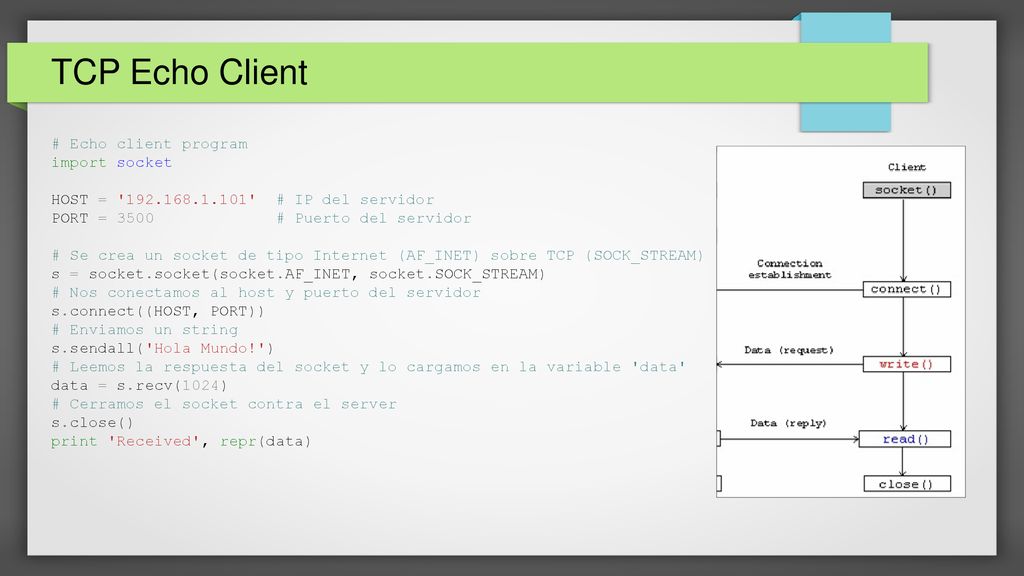 TCP Echo Client # Echo client program import socket