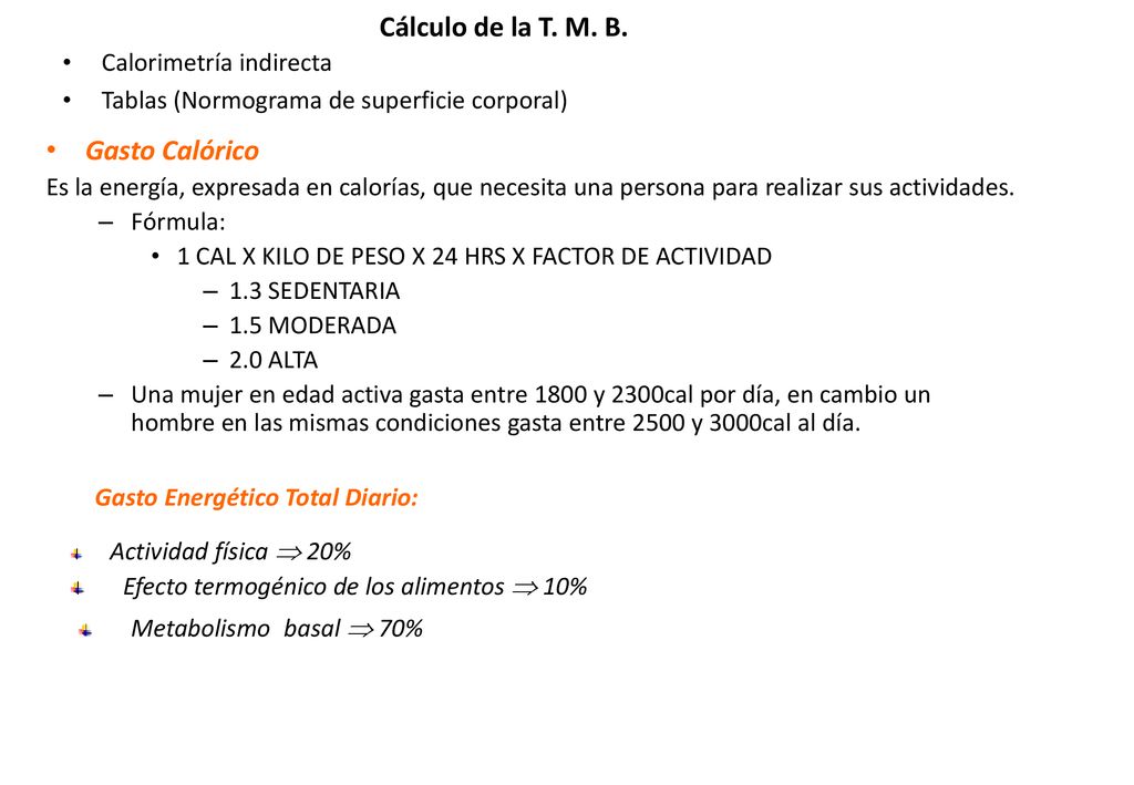Cálculo de la T. M. B. Gasto Calórico Calorimetría indirecta