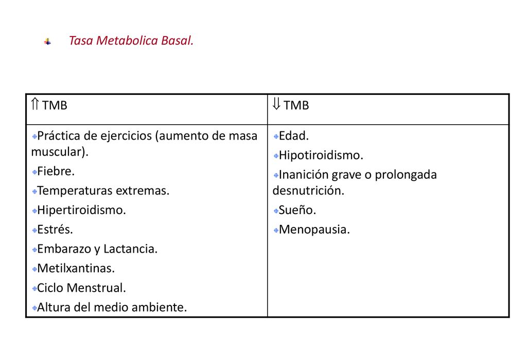 Tasa Metabolica Basal.  TMB.  TMB. Práctica de ejercicios (aumento de masa muscular). Fiebre. Temperaturas extremas.