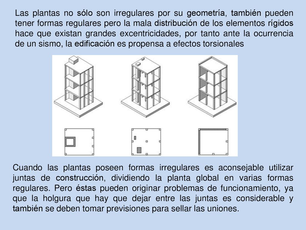 Las plantas no sólo son irregulares por su geometría, también pueden tener formas regulares pero la mala distribución de los elementos rígidos hace que existan grandes excentricidades, por tanto ante la ocurrencia de un sismo, la edificación es propensa a efectos torsionales