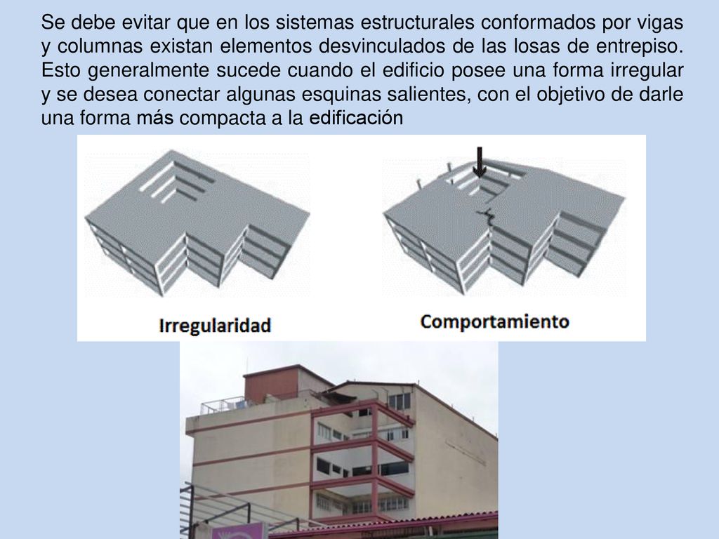 Se debe evitar que en los sistemas estructurales conformados por vigas y columnas existan elementos desvinculados de las losas de entrepiso.