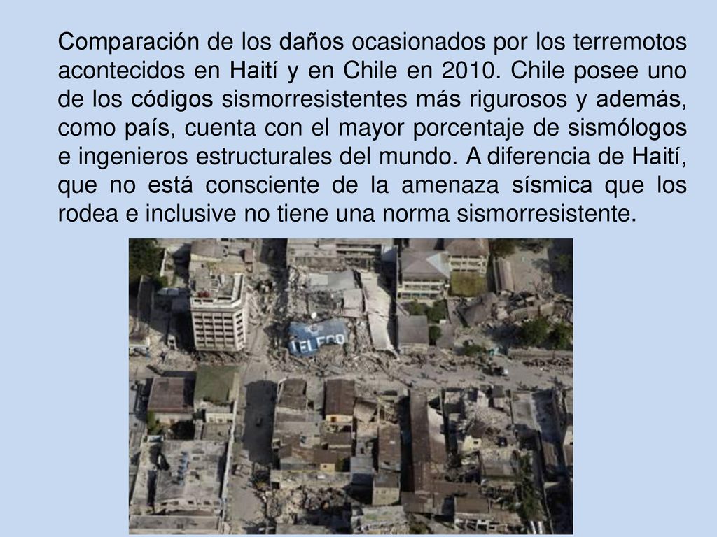 Comparación de los daños ocasionados por los terremotos acontecidos en Haití y en Chile en 2010.