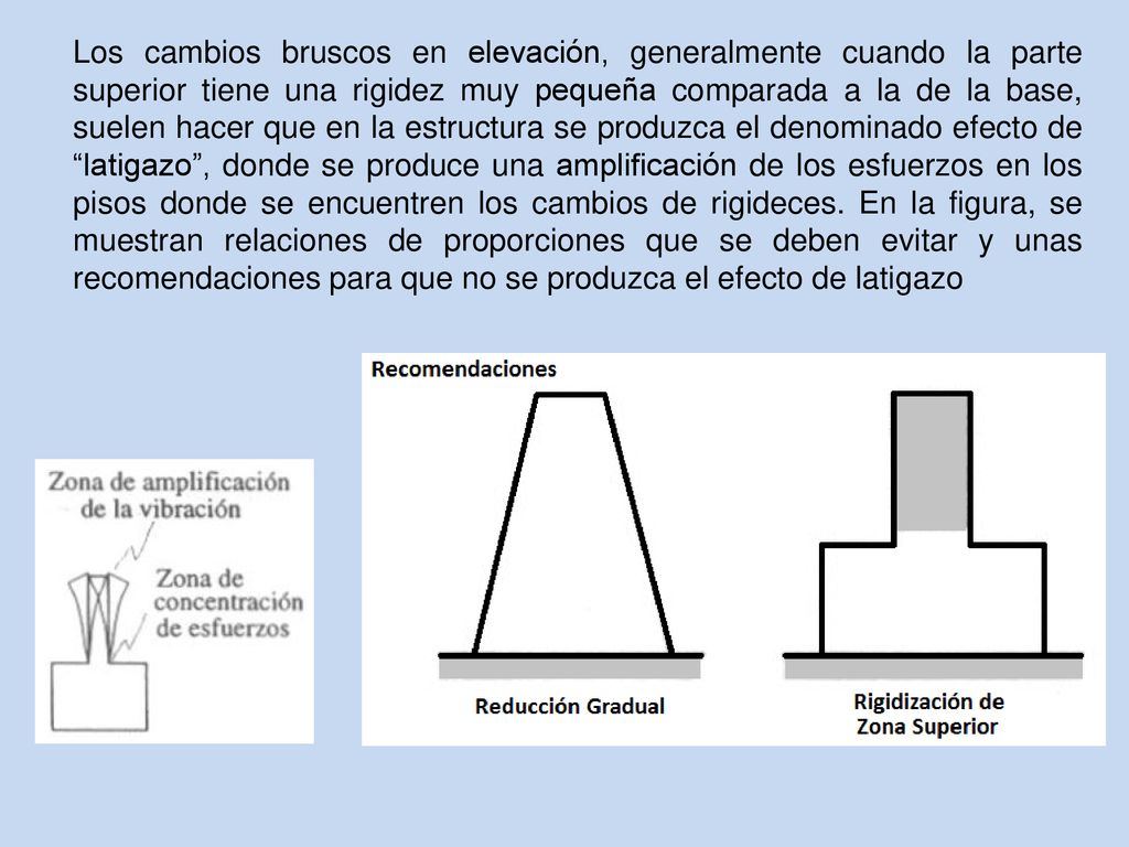 Los cambios bruscos en elevación, generalmente cuando la parte superior tiene una rigidez muy pequeña comparada a la de la base, suelen hacer que en la estructura se produzca el denominado efecto de latigazo , donde se produce una amplificación de los esfuerzos en los pisos donde se encuentren los cambios de rigideces.