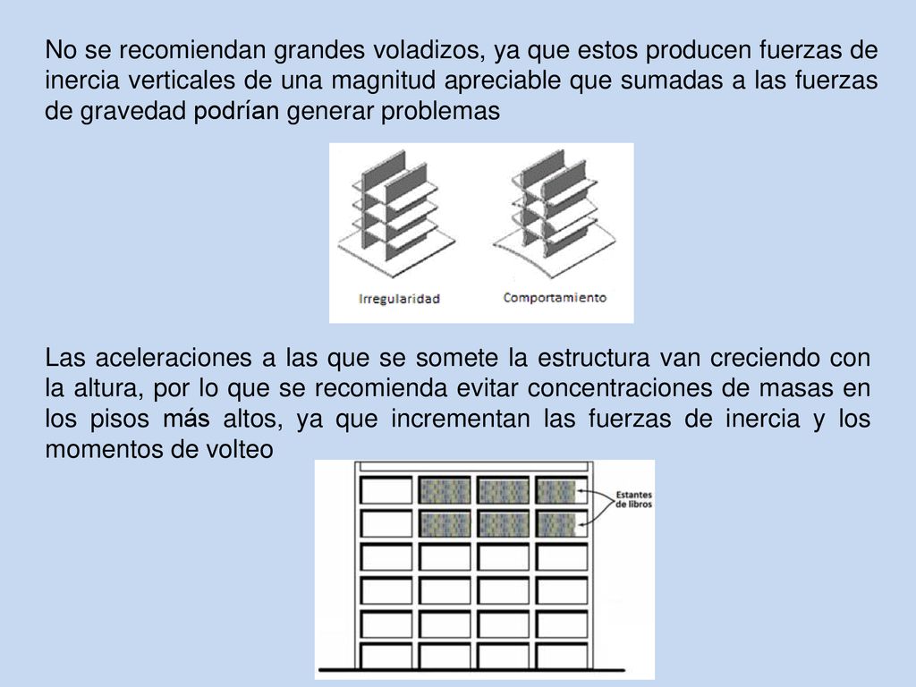 No se recomiendan grandes voladizos, ya que estos producen fuerzas de inercia verticales de una magnitud apreciable que sumadas a las fuerzas de gravedad podrían generar problemas