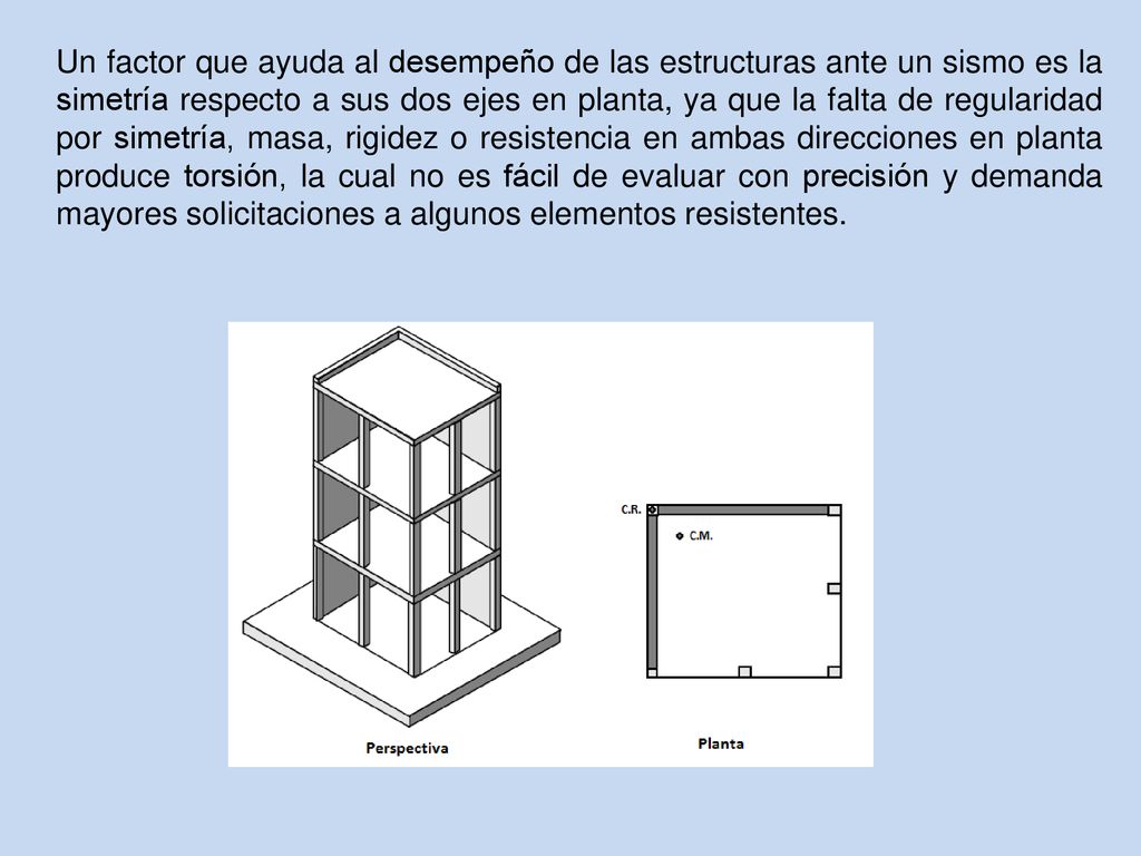 Un factor que ayuda al desempeño de las estructuras ante un sismo es la simetría respecto a sus dos ejes en planta, ya que la falta de regularidad por simetría, masa, rigidez o resistencia en ambas direcciones en planta produce torsión, la cual no es fácil de evaluar con precisión y demanda mayores solicitaciones a algunos elementos resistentes.