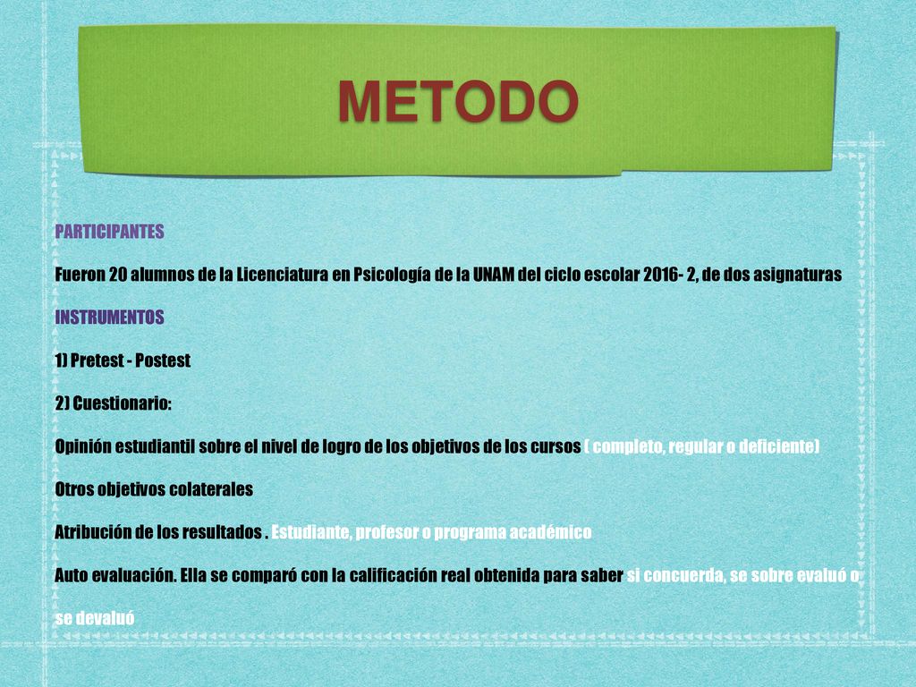 METODO PARTICIPANTES. Fueron 20 alumnos de la Licenciatura en Psicología de la UNAM del ciclo escolar , de dos asignaturas.