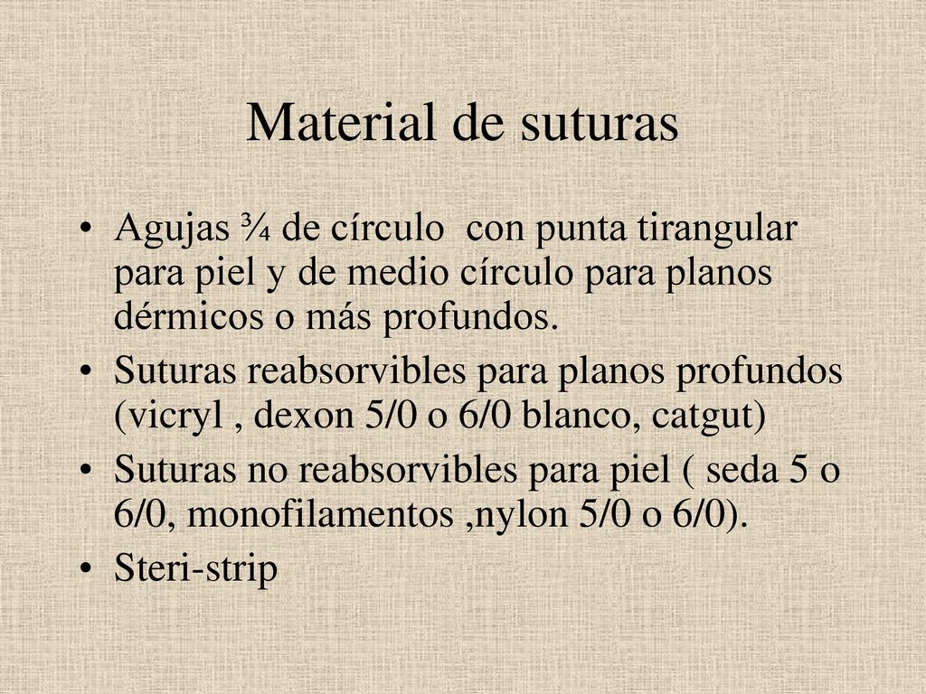 Material de suturas Agujas ¾ de círculo con punta tirangular para piel y de medio círculo para planos dérmicos o más profundos.