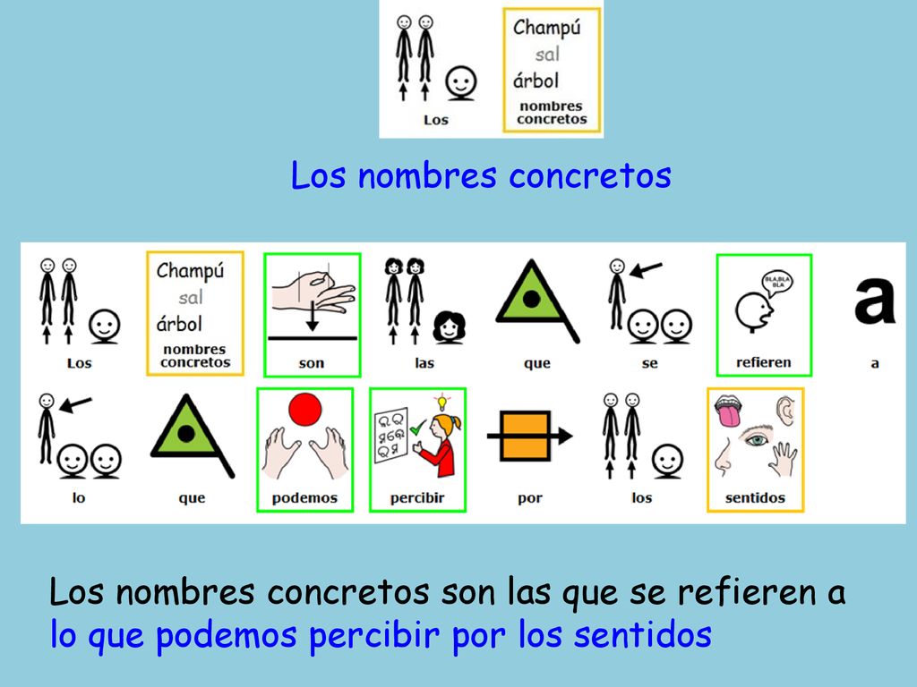 Los nombres concretos Los nombres concretos son las que se refieren a lo que podemos percibir por los sentidos.