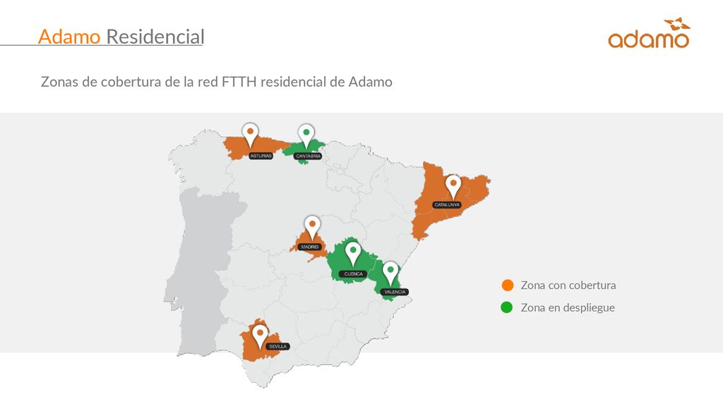 Adamo Residencial Zonas de cobertura de la red FTTH residencial de Adamo.