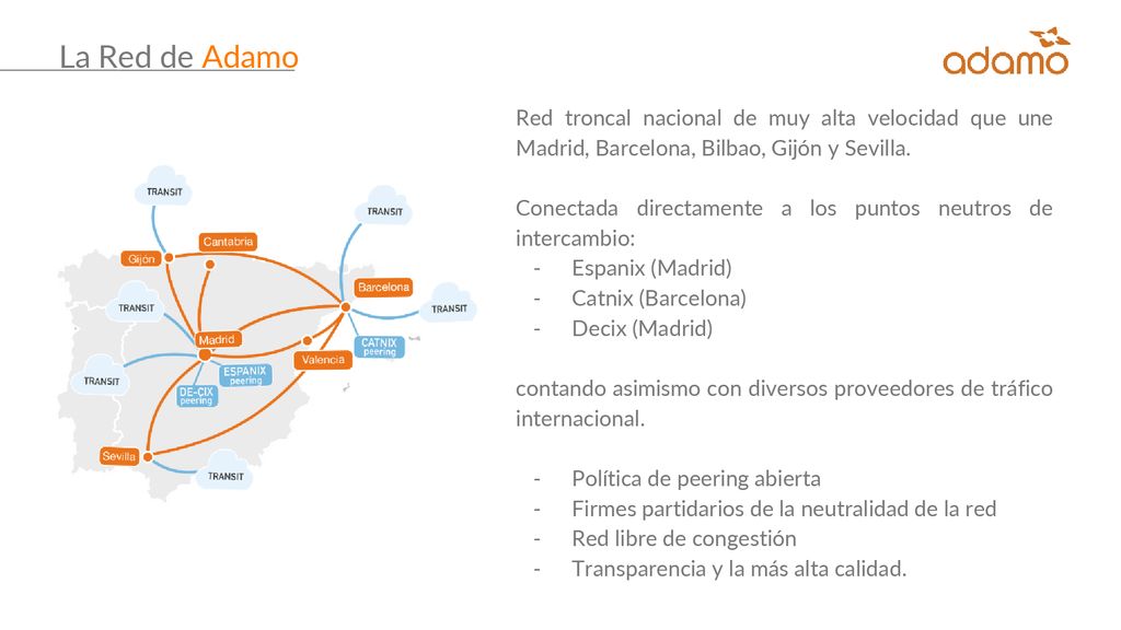La Red de Adamo Red troncal nacional de muy alta velocidad que une Madrid, Barcelona, Bilbao, Gijón y Sevilla.