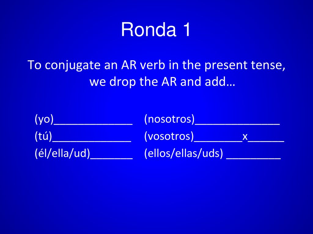 To conjugate an AR verb in the present tense, we drop the AR and add…