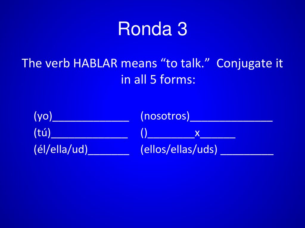 The verb HABLAR means to talk. Conjugate it in all 5 forms: