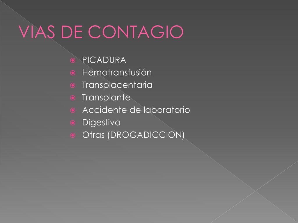 VIAS DE CONTAGIO PICADURA Hemotransfusión Transplacentaria Transplante