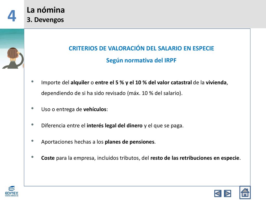 4 La nómina 3. Devengos CRITERIOS DE VALORACIÓN DEL SALARIO EN ESPECIE