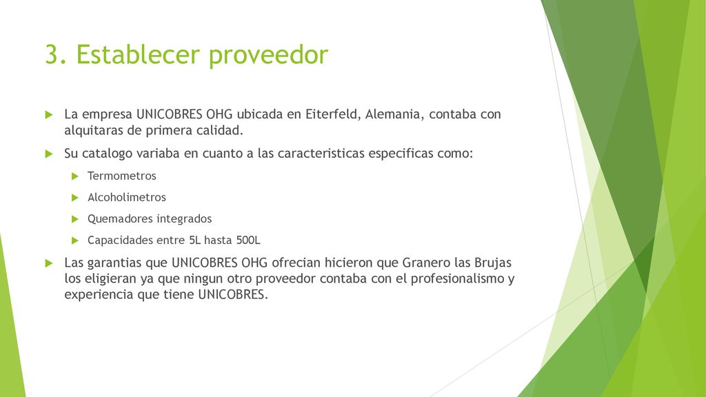 3. Establecer proveedor La empresa UNICOBRES OHG ubicada en Eiterfeld, Alemania, contaba con alquitaras de primera calidad.