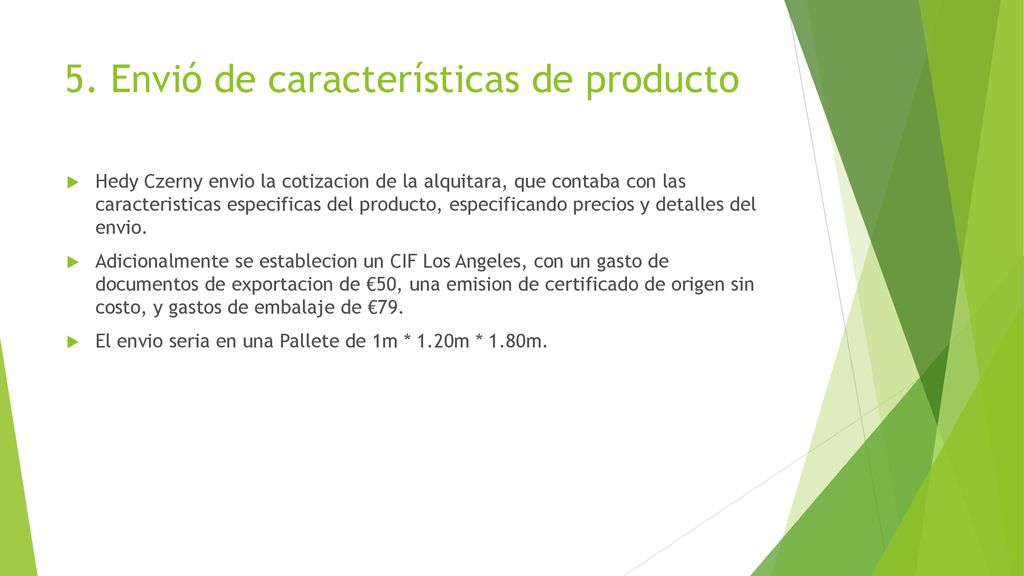 5. Envió de características de producto
