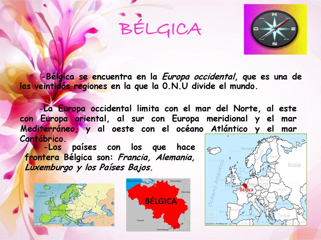 BÉLGICA -Bélgica se encuentra en la Europa occidental, que es una de las veintidós regiones en la que la 0.N.U divide el mundo.