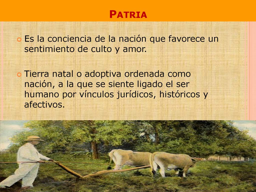 Patria Es la conciencia de la nación que favorece un sentimiento de culto y amor.