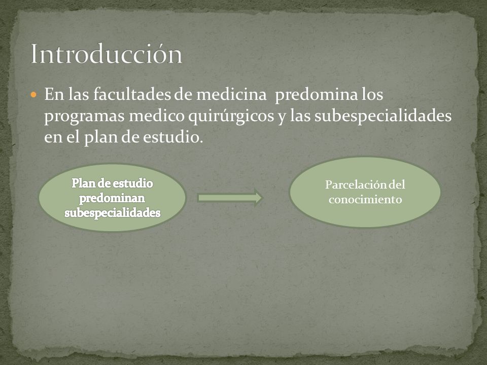 Introducción En las facultades de medicina predomina los programas medico quirúrgicos y las subespecialidades en el plan de estudio.