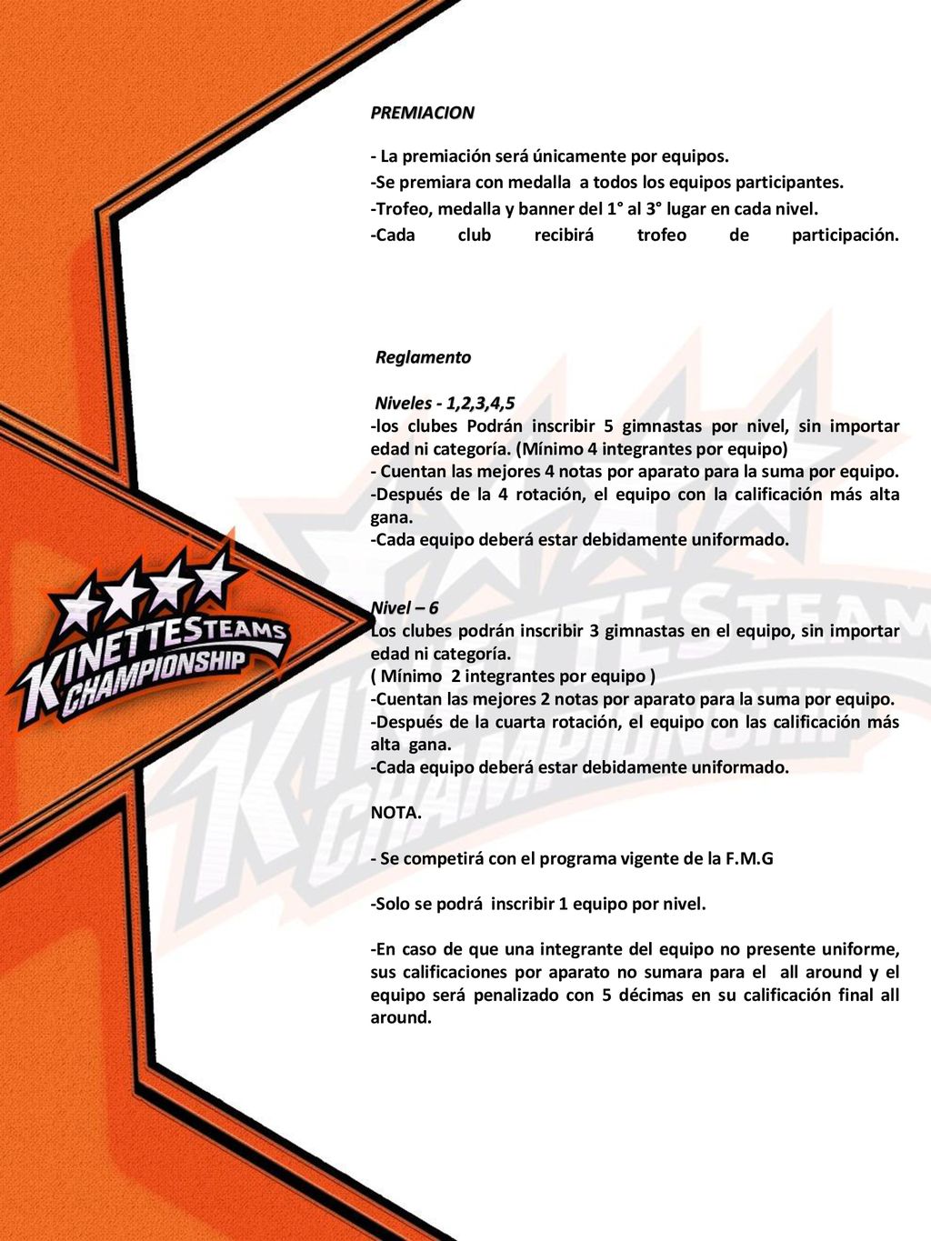 Reglamento PREMIACION - La premiación será únicamente por equipos.