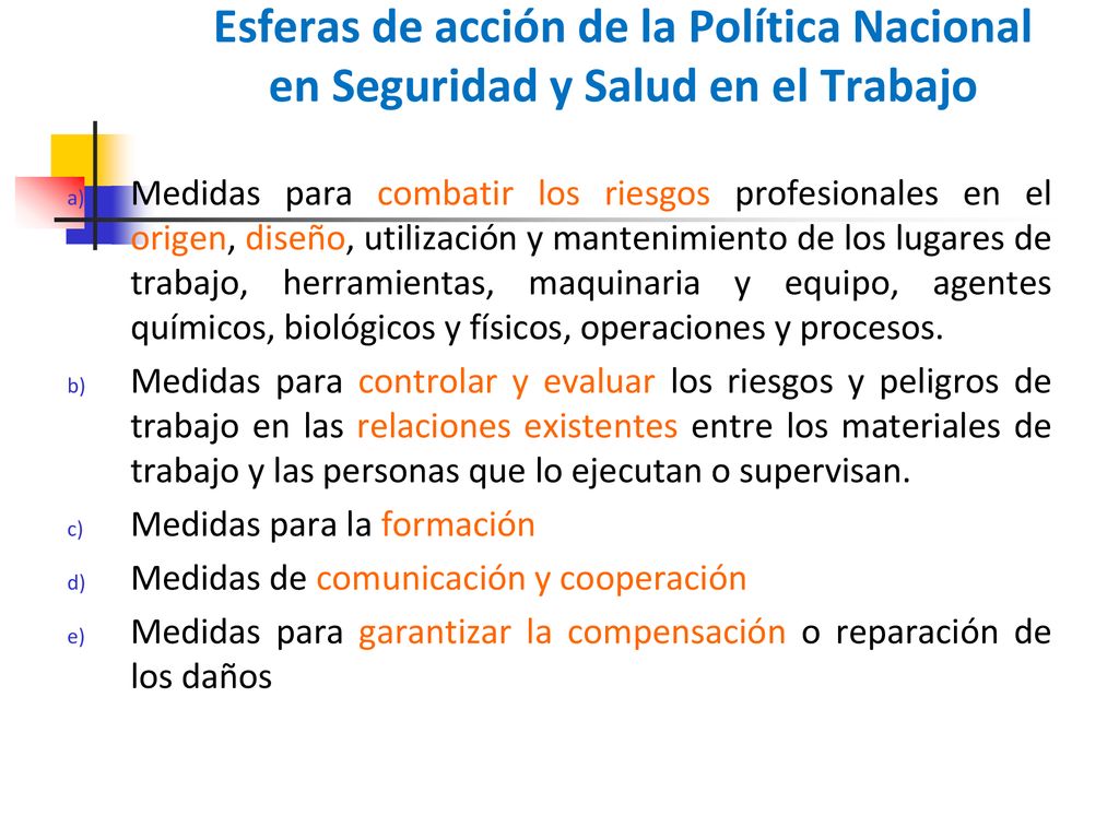 Esferas de acción de la Política Nacional en Seguridad y Salud en el Trabajo