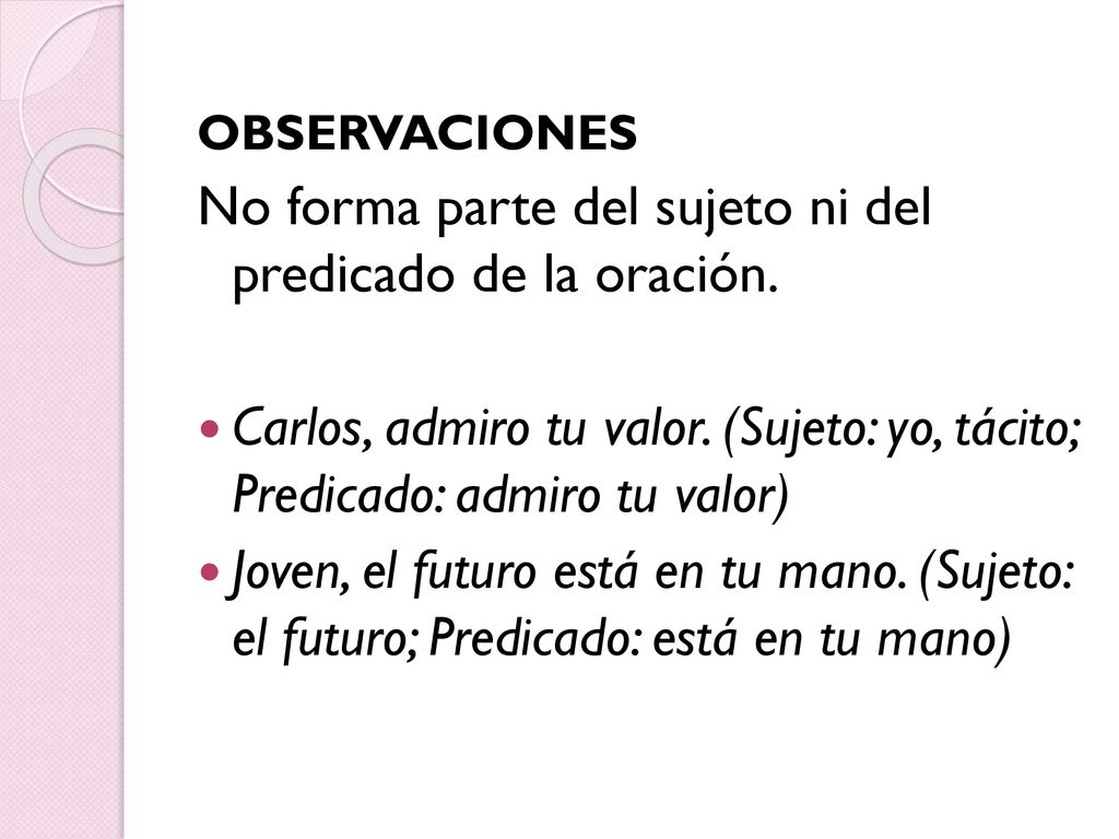 No forma parte del sujeto ni del predicado de la oración.