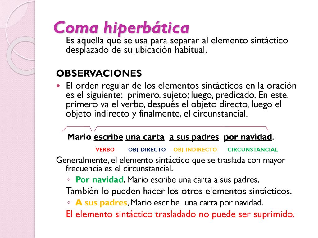 Coma hiperbática Es aquella que se usa para separar al elemento sintáctico desplazado de su ubicación habitual.