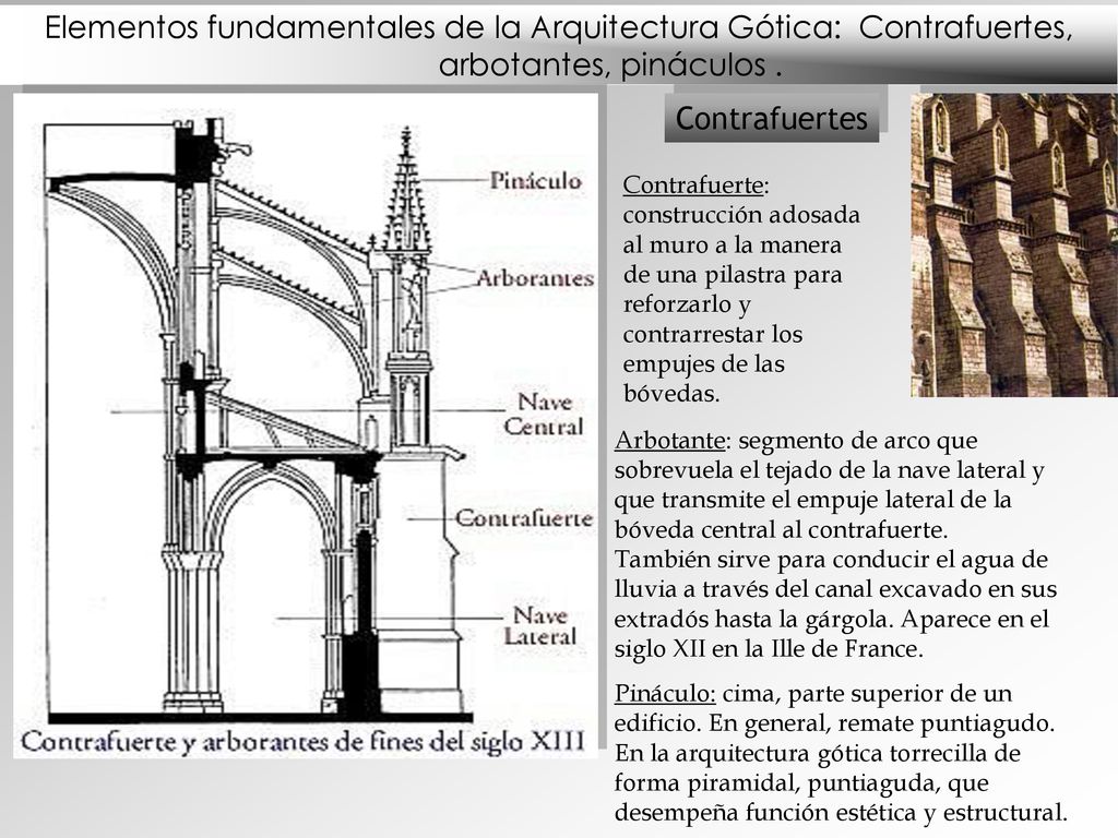 Elementos fundamentales de la Arquitectura Gótica: Contrafuertes, arbotantes, pináculos .