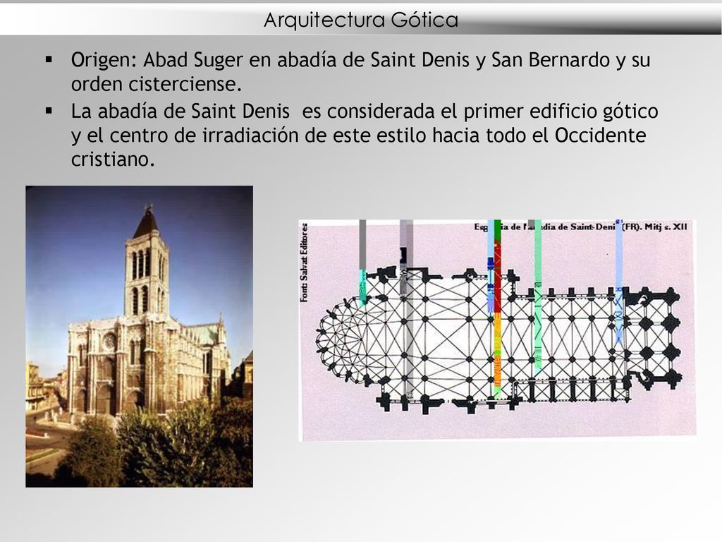 Arquitectura Gótica Origen: Abad Suger en abadía de Saint Denis y San Bernardo y su orden cisterciense.